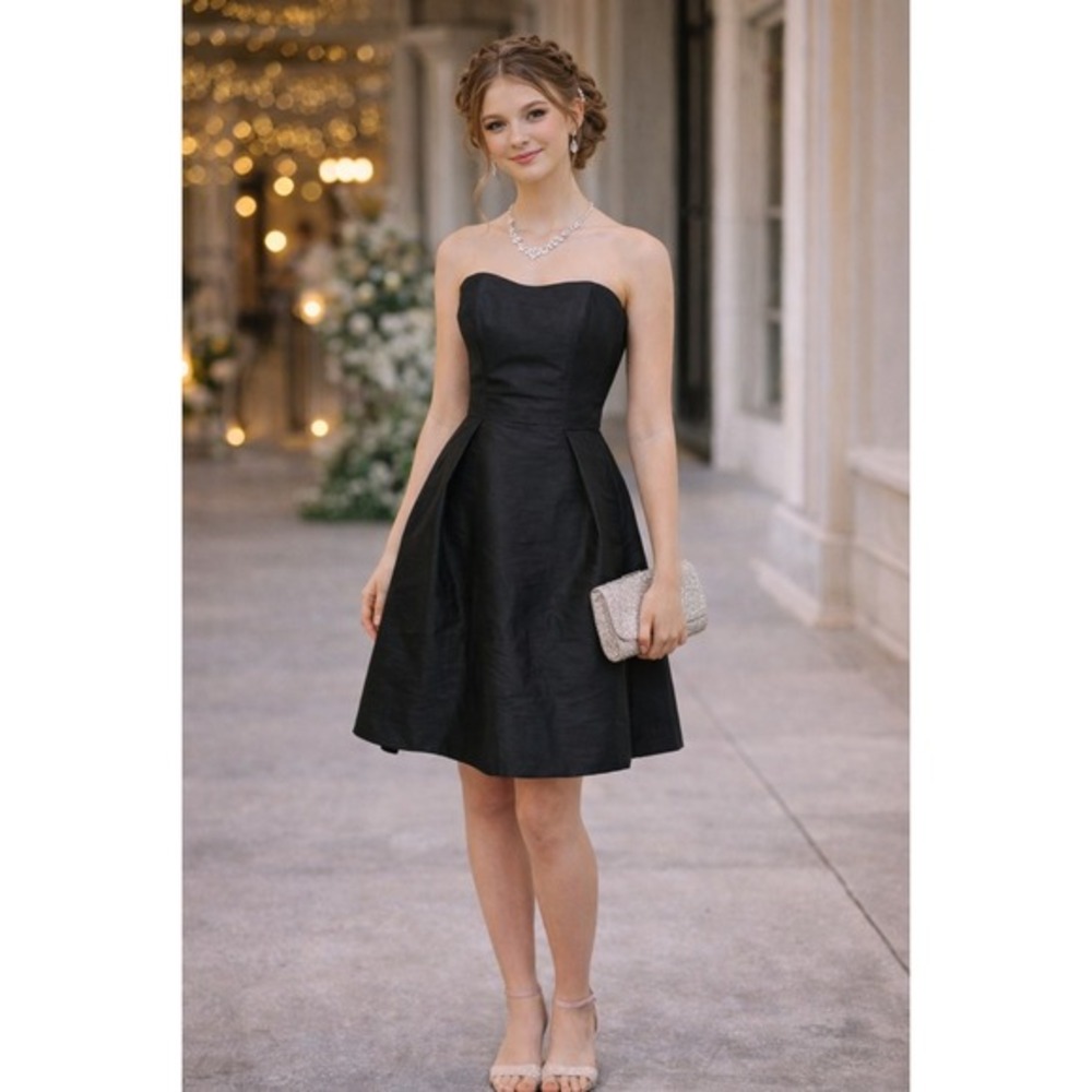 Alfred Sung Black Strapless Dupioni‎ Cocktail Dress D580 Womens Size 4 Pockets